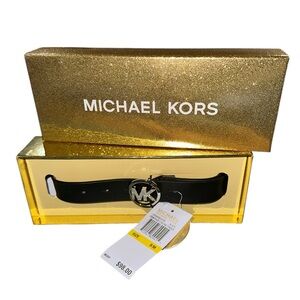 NIB Michael Kors BLACK  25MM REVERSIBLE Pave Logo Belt In Box SZ S/M BLING LOGO